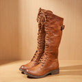 Women's Knee High Boots Lace-Up Riding-Style Buckle Tall Boot - Brown
