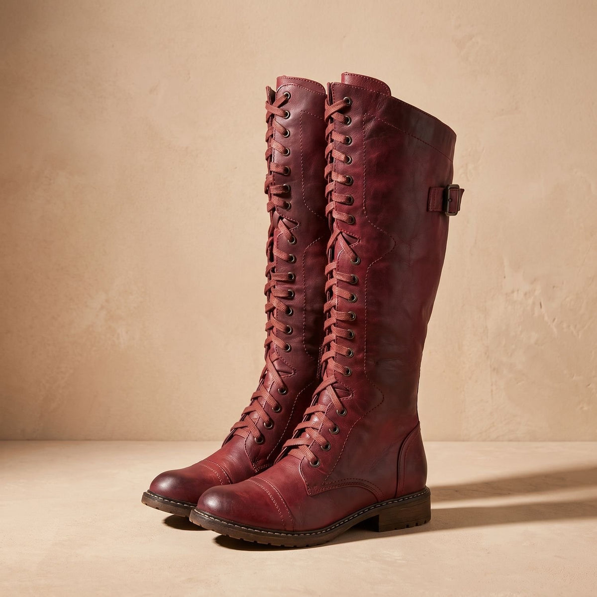 Women's Knee High Boots Lace-Up Riding-Style Buckle Tall Boot - Red