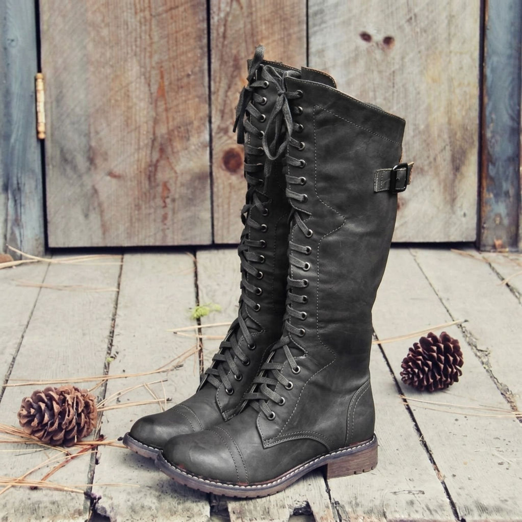 Women's Knee High Boots Lace-Up Riding-Style Buckle Tall Boot - Black
