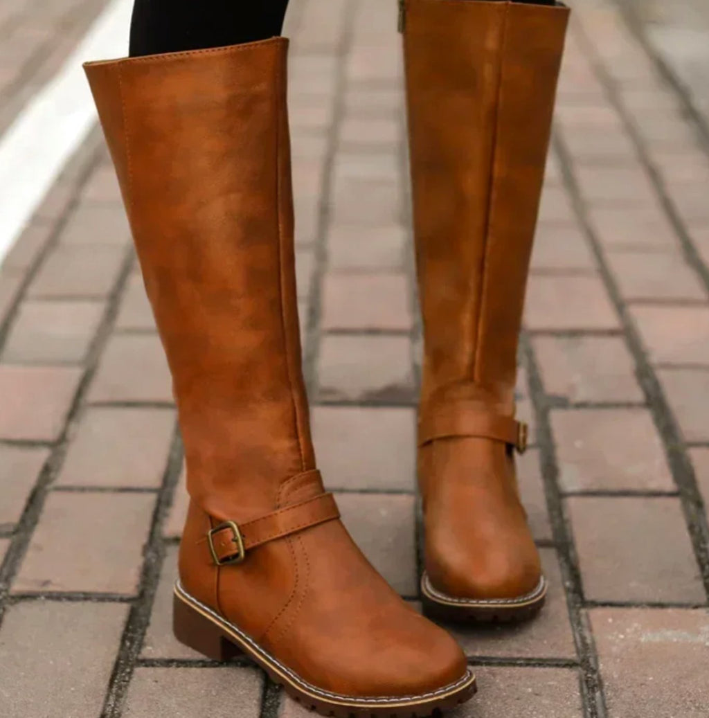 Women's Knee-High Buckle Strap Block Heel Riding Boots