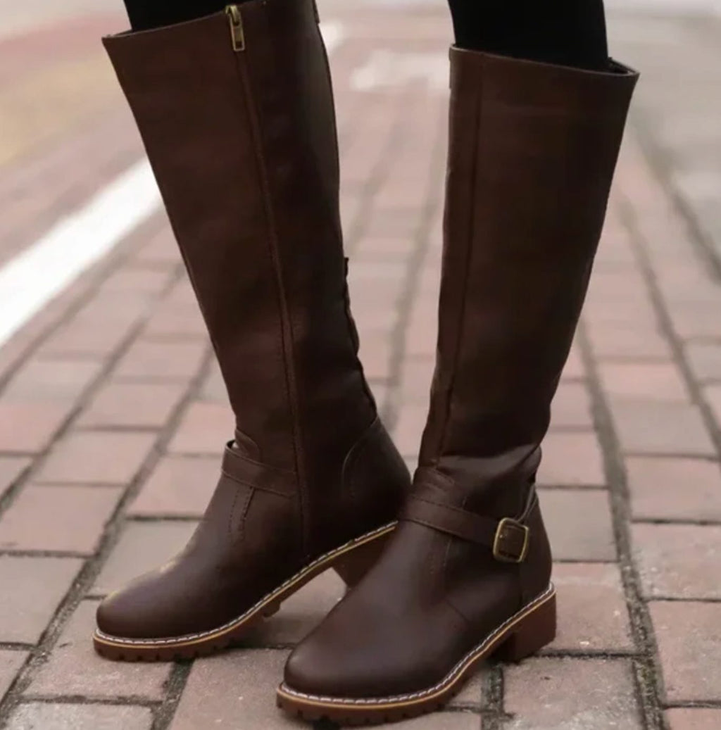 Women's Knee-High Buckle Strap Block Heel Riding Boots