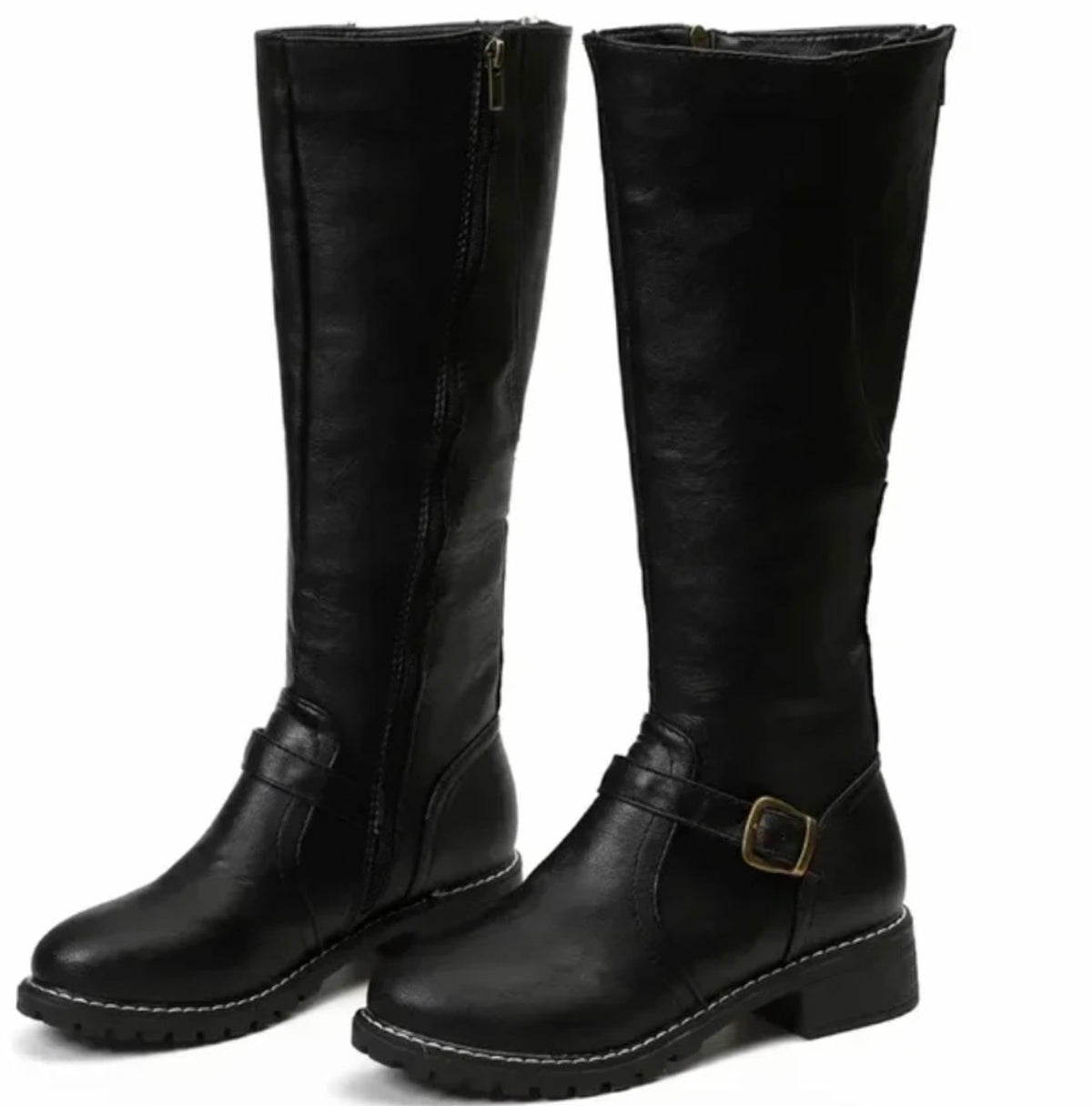 Women's Knee-High Buckle Strap Block Heel Riding Boots