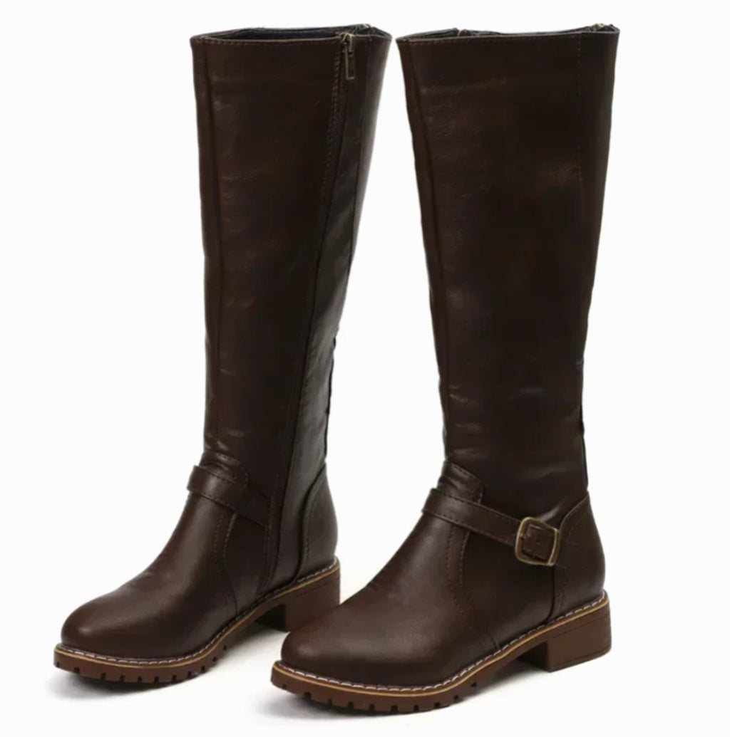 Women's Knee-High Buckle Strap Block Heel Riding Boots