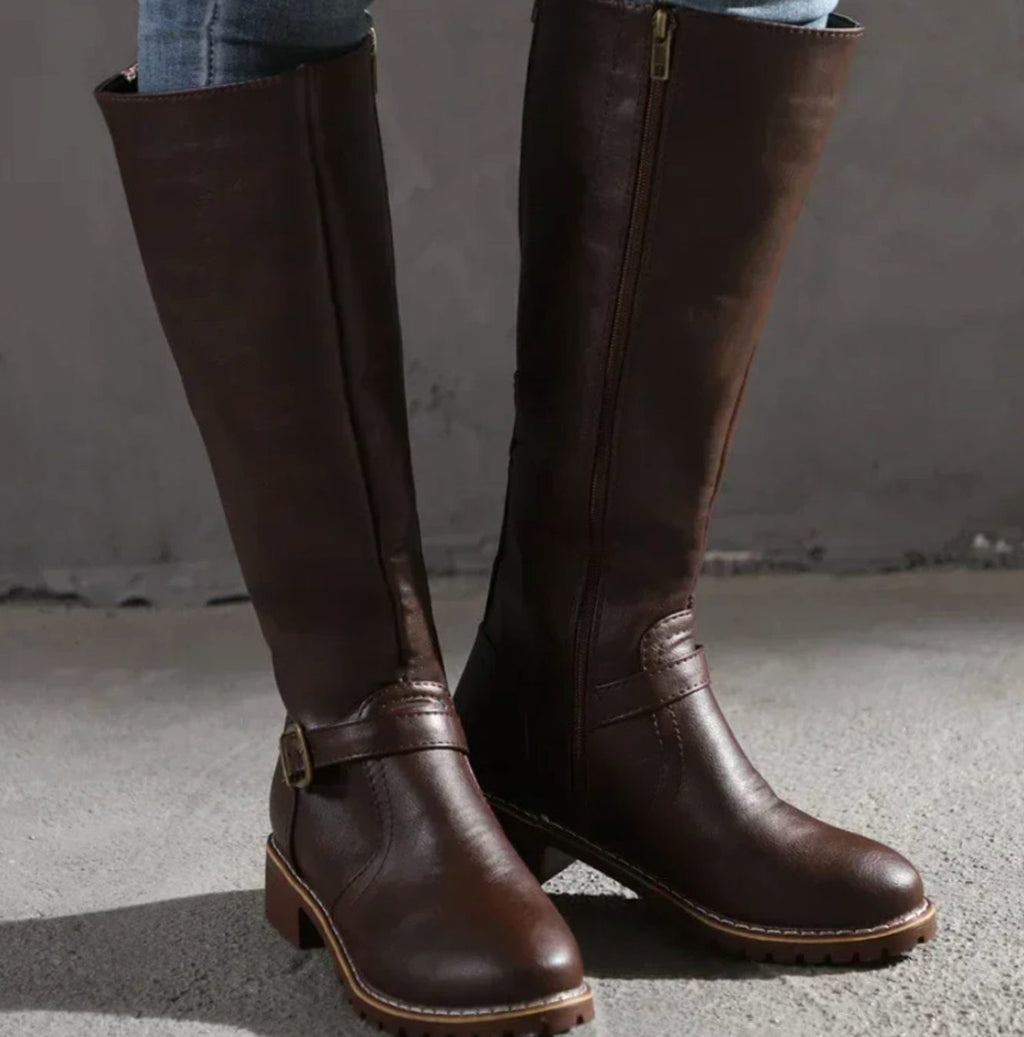 Women's Knee-High Buckle Strap Block Heel Riding Boots - Dark Brown