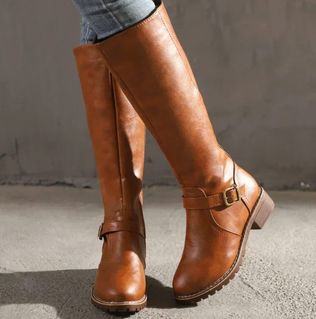 Women's Knee-High Buckle Strap Block Heel Riding Boots - Brown