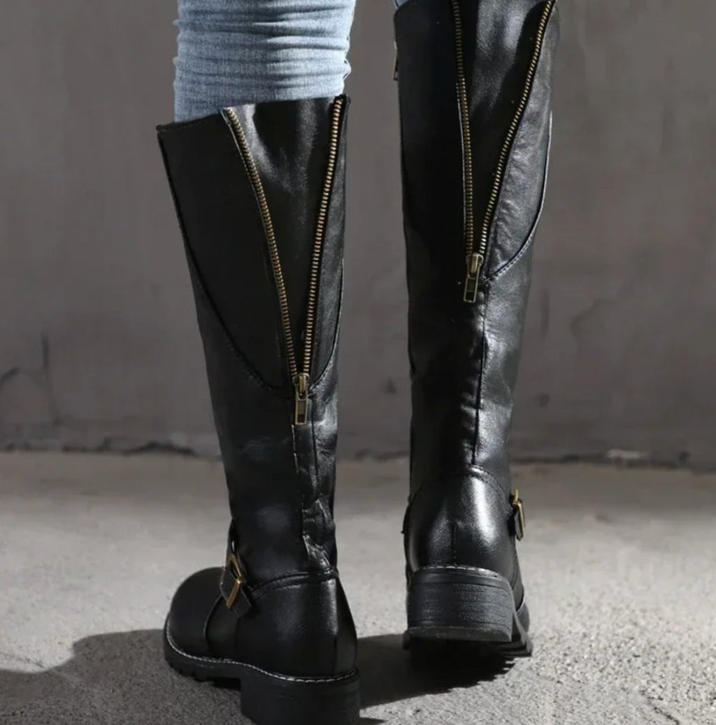Women's Knee-High Buckle-Strap Riding Leather Boots - Black