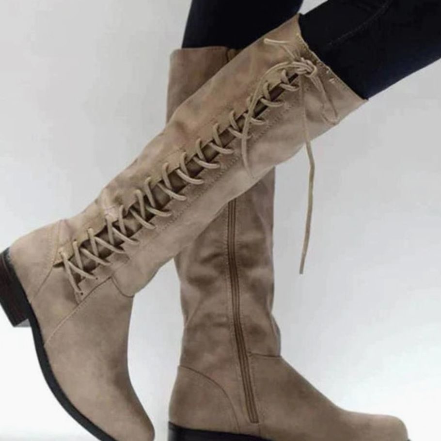 Women's Knee-High Lace-Up Side-Zip Flat Block-Heel High Boots - Brown