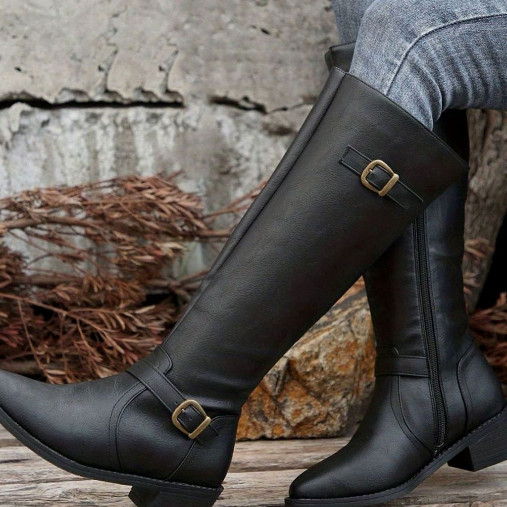 Women's Knee-High Riding Boots Low Block Heel Buckle Zip - Black