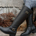 Women's Knee-High Riding Boots Low Block Heel Buckle Zip - Black