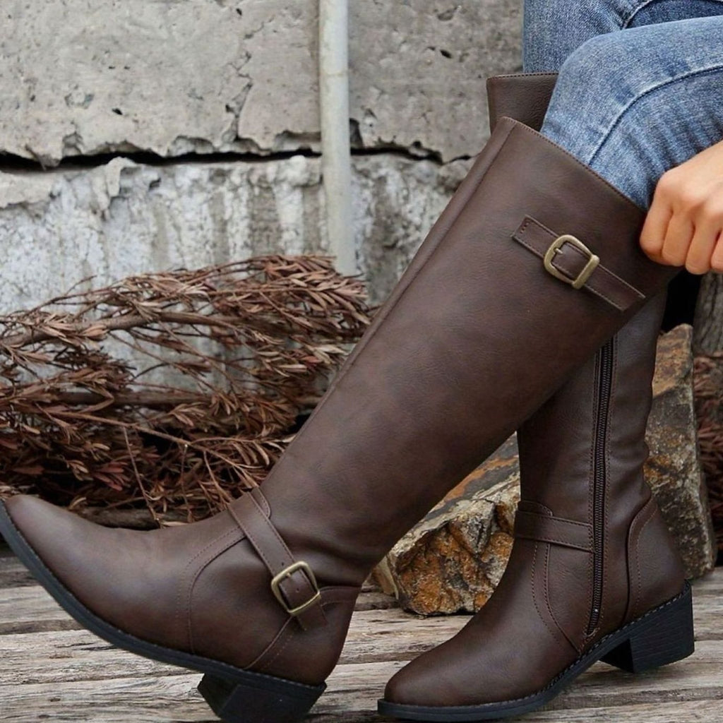 Women's Knee-High Riding Boots Low Block Heel Buckle Zip - Dark Brown