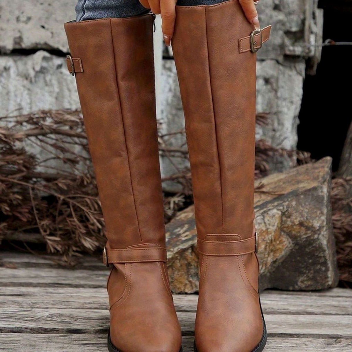 Women's Knee-High Riding Boots Low Block Heel Buckle Zip