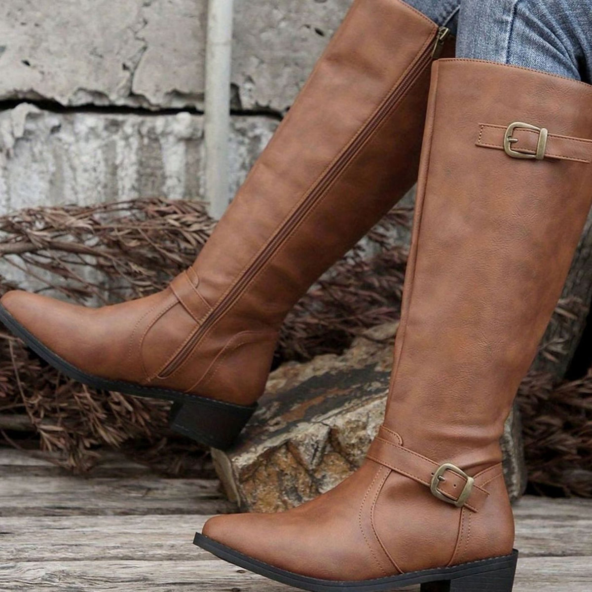 Women's Knee-High Riding Boots Low Block Heel Buckle Zip