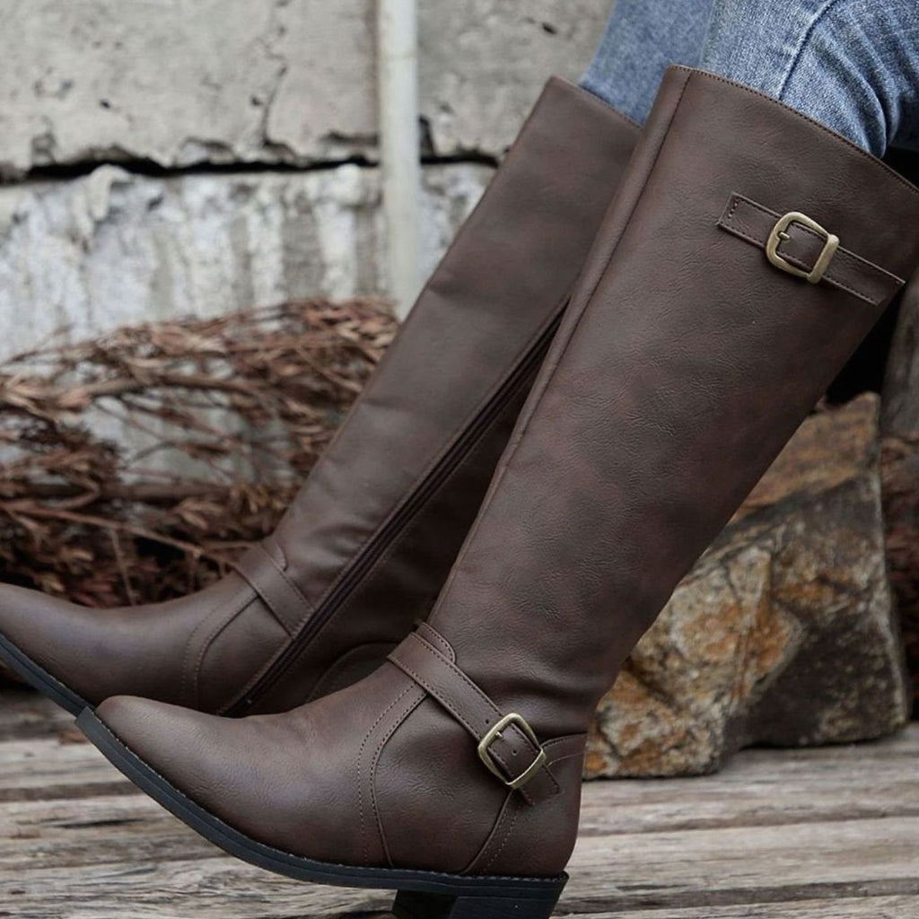 Women's Knee-High Riding Boots Low Block Heel Buckle Zip