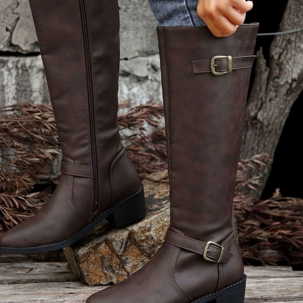 Women's Knee-High Riding Boots Low Block Heel Buckle Zip