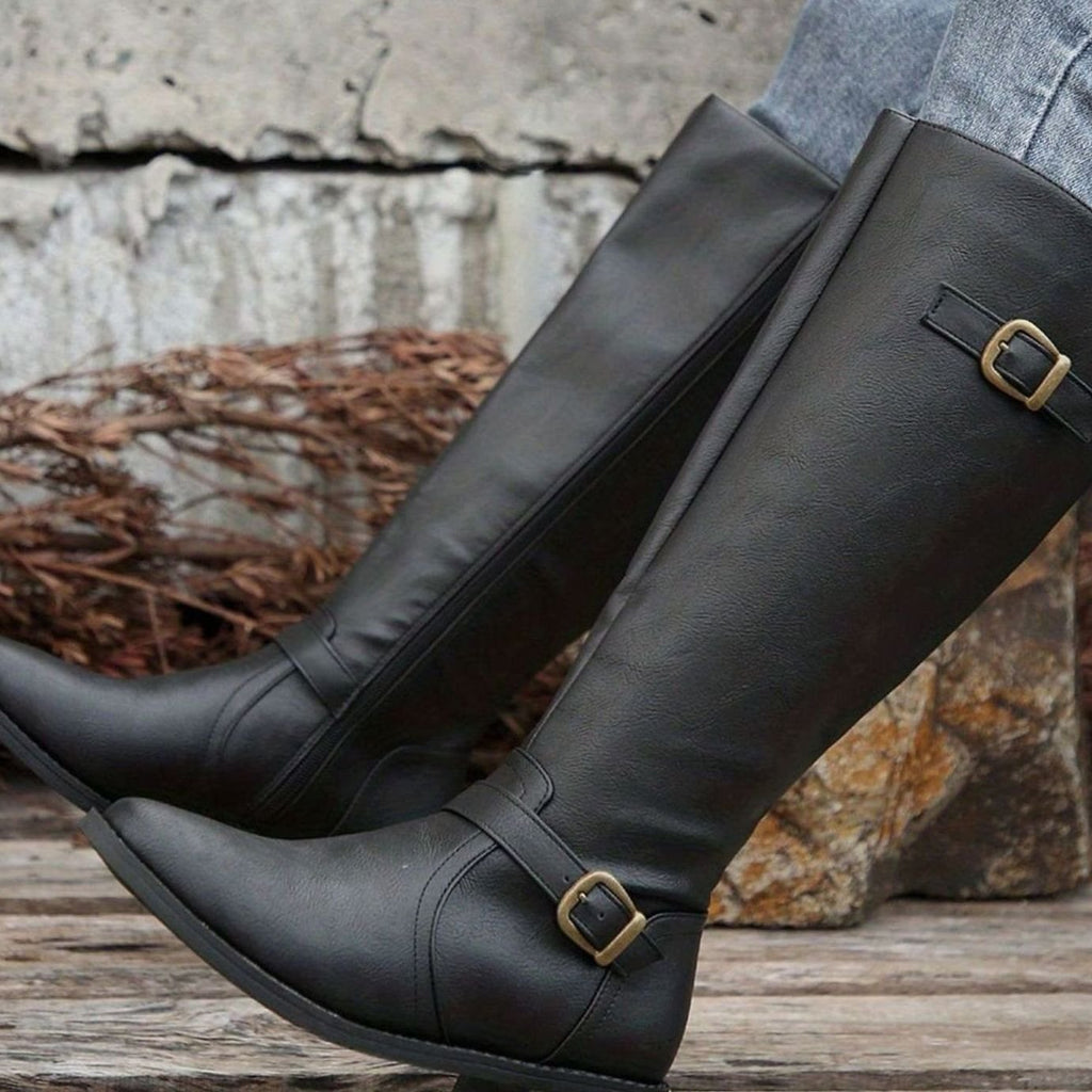 Women's Knee-High Riding Boots Low Block Heel Buckle Zip