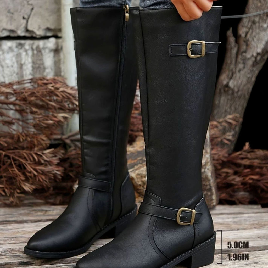 Women's Knee-High Riding Boots Low Block Heel Buckle Zip