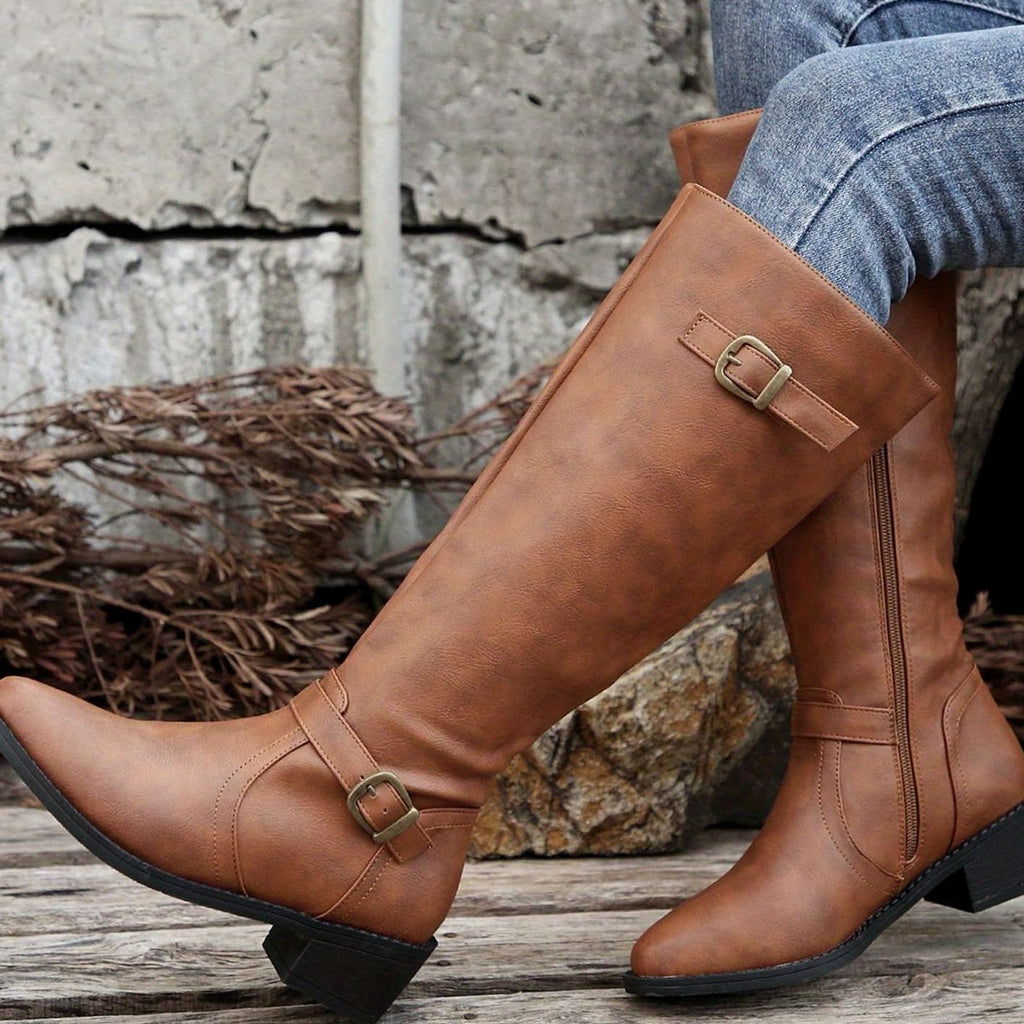 Women's Knee-High Riding Boots Low Heel Buckle Zip - Light Brown