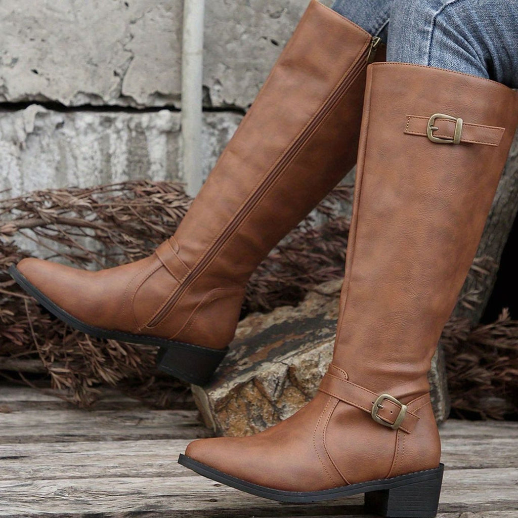 Women's Knee-High Riding Boots Low Heel Buckle Zip