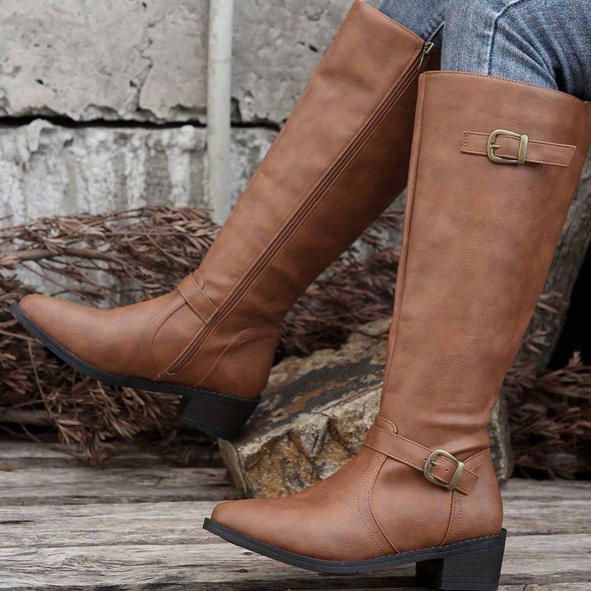 Women's Knee-High Riding Boots Low Heel Buckle Zip