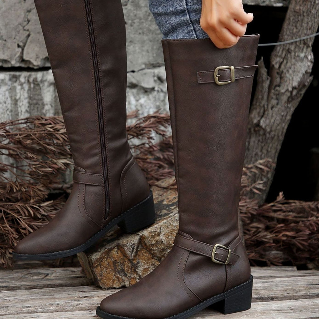 Women's Knee-High Riding Boots Low Heel Buckle Zip
