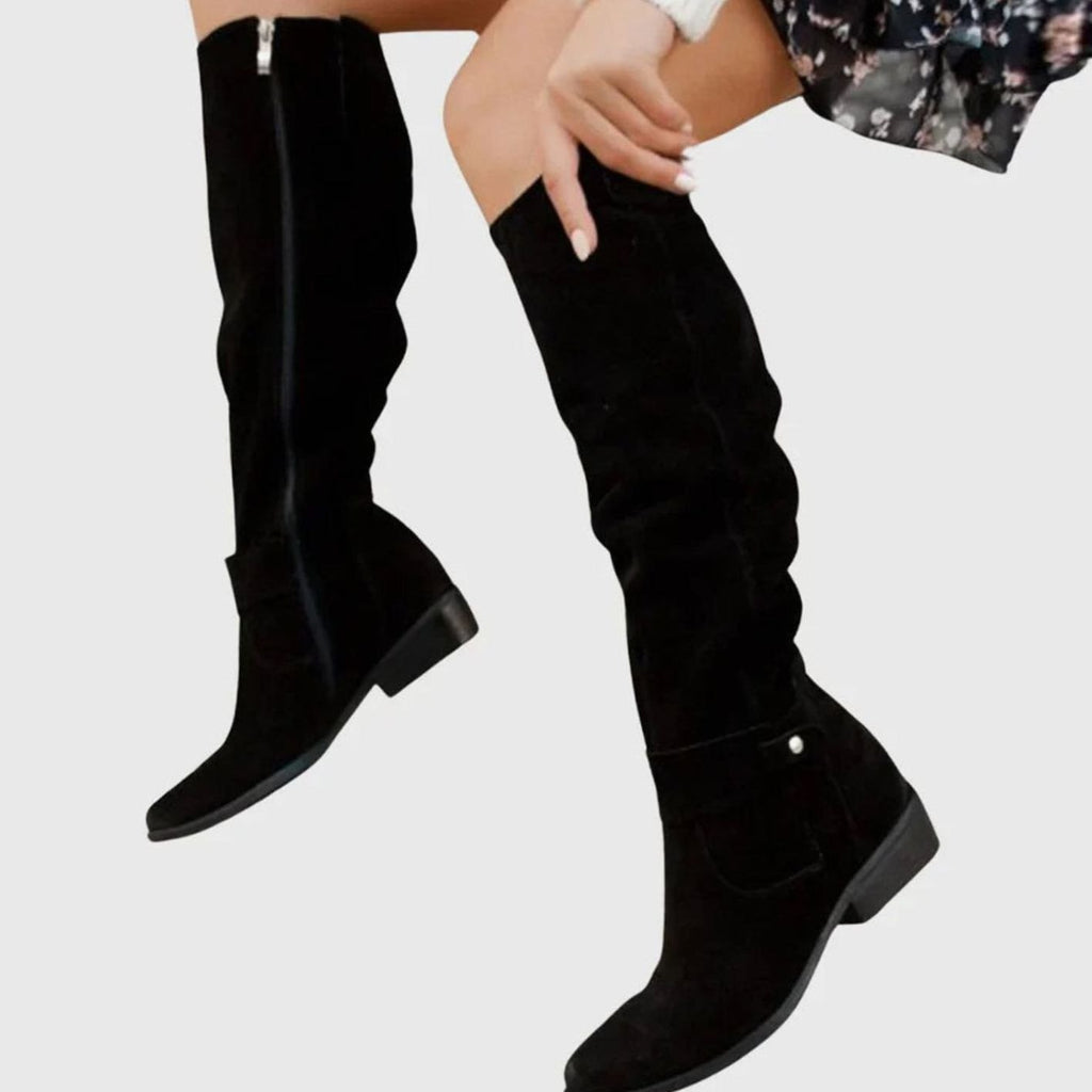 Women's Knee-High Suede Slouch Block-Heel Winter Boots - Black