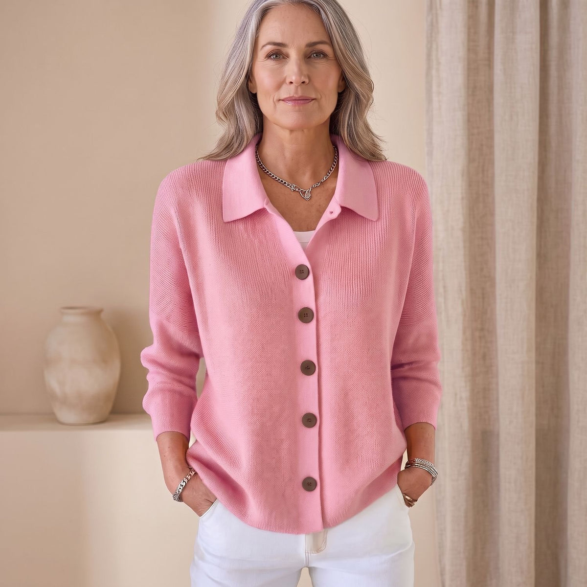 Women's Knit Button-Up Lapel Cardigan Sweater Relaxed Fit - Pink