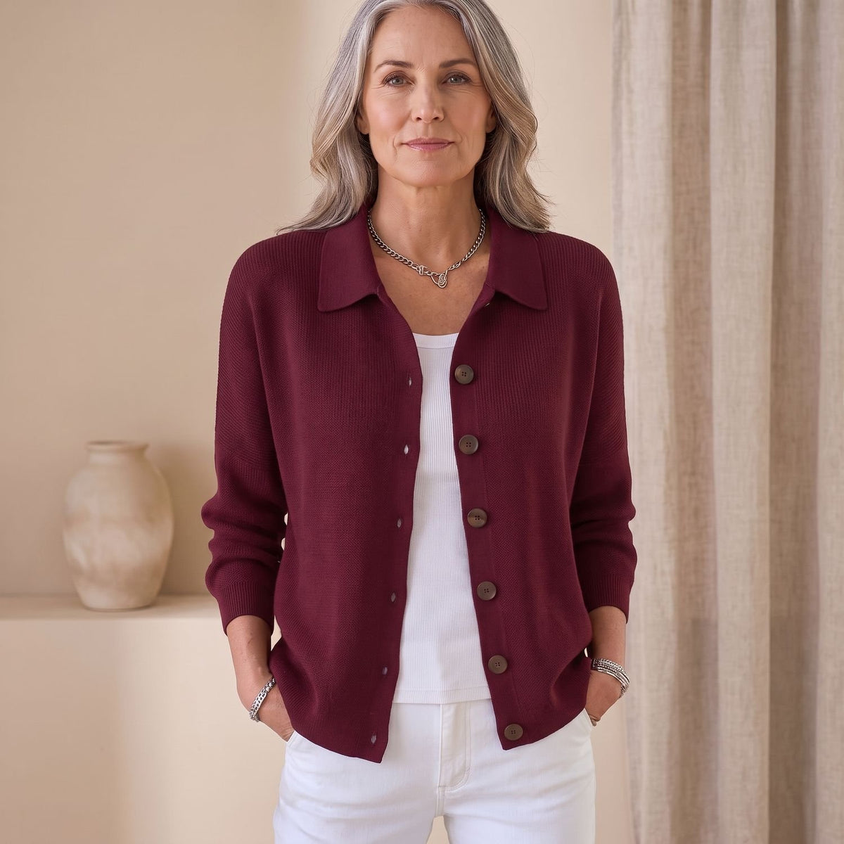 Women's Knit Button-Up Lapel Cardigan Sweater Relaxed Fit - Wine Red
