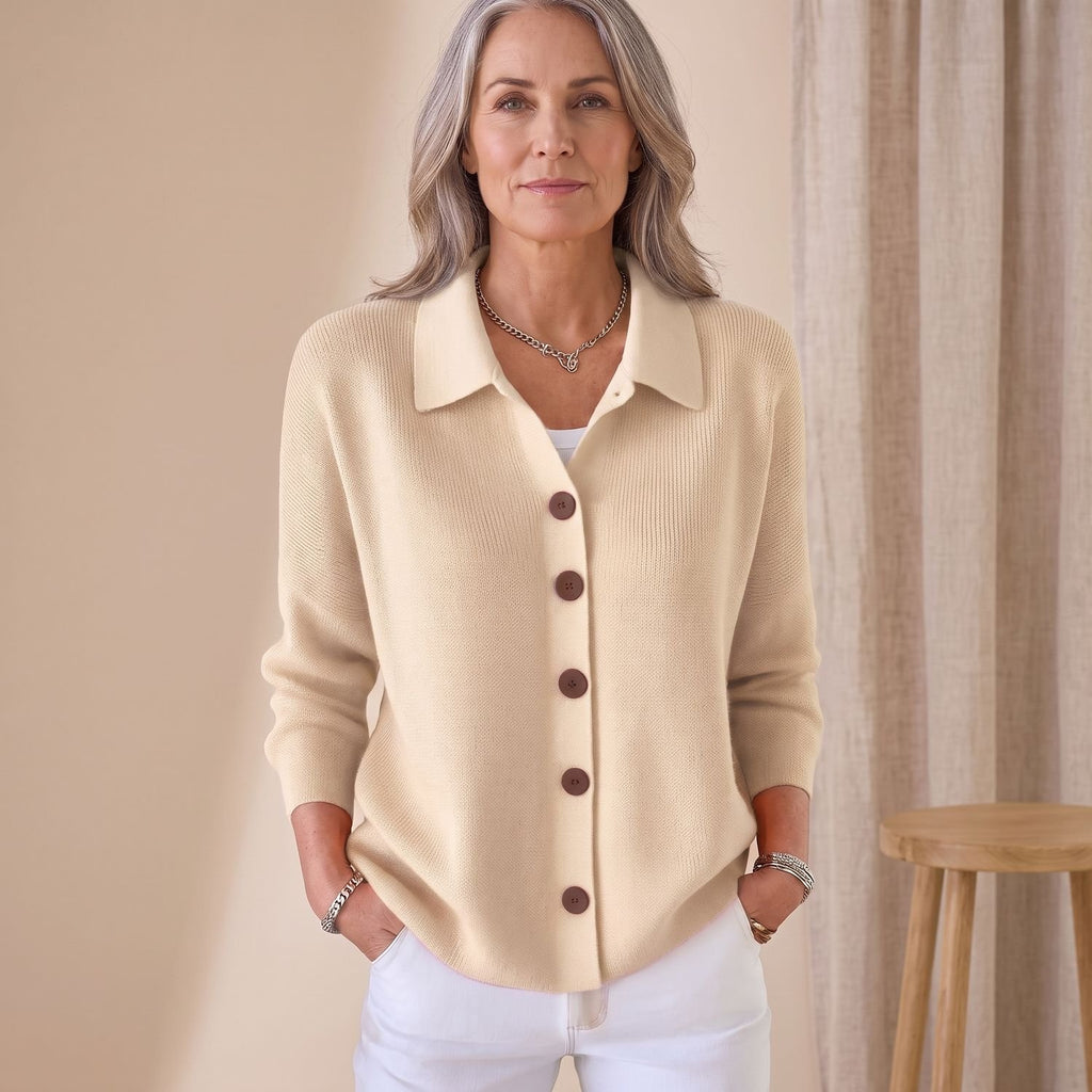 Women's Knit Button-Up Lapel Cardigan Sweater Relaxed Fit - Apricot