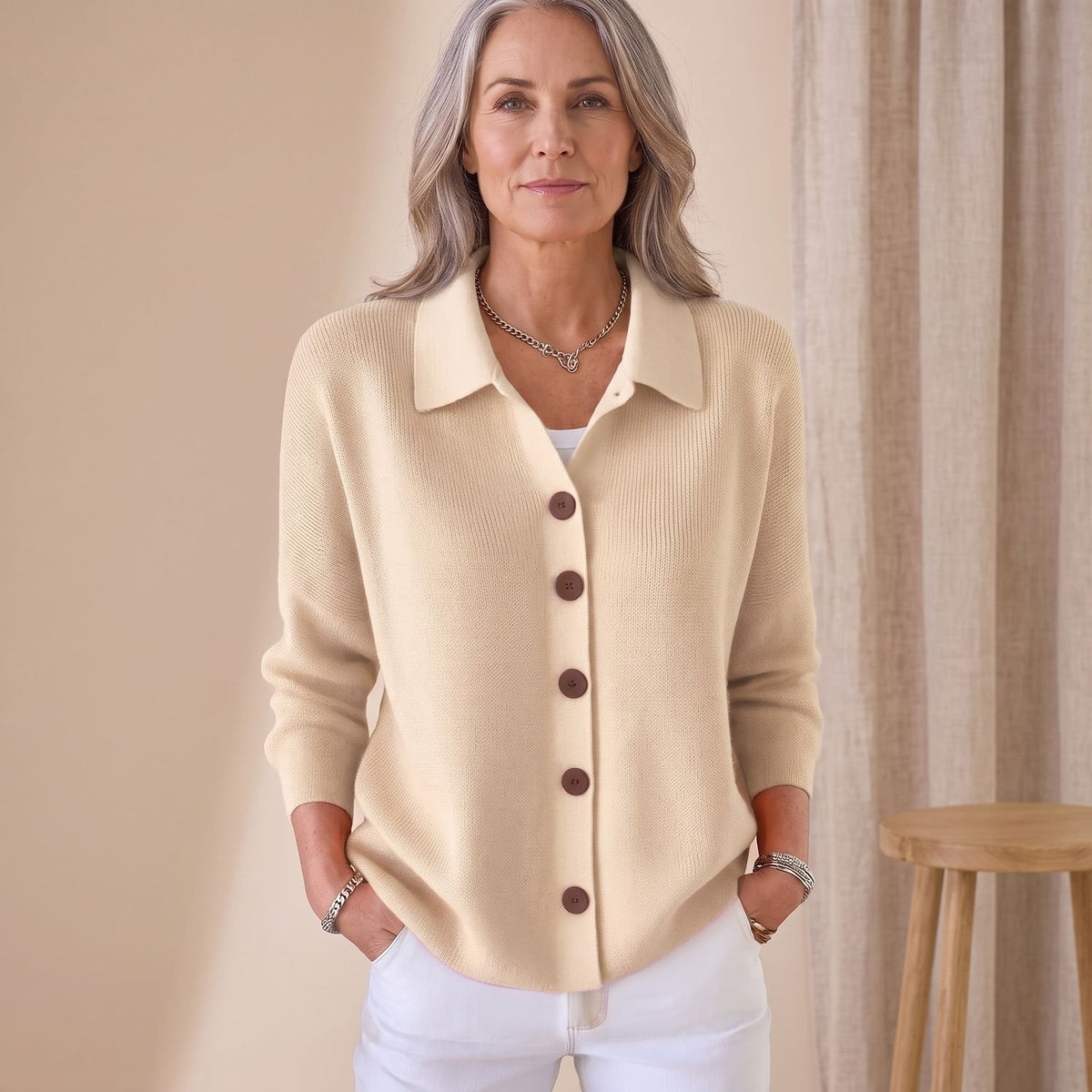 Women's Knit Button-Up Lapel Cardigan Sweater Relaxed Fit - Apricot