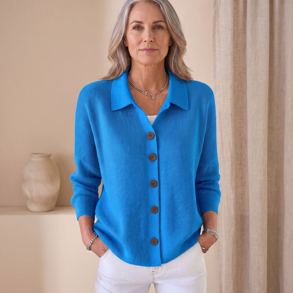 Women's Knit Button-Up Lapel Cardigan Sweater Relaxed Fit - Blue