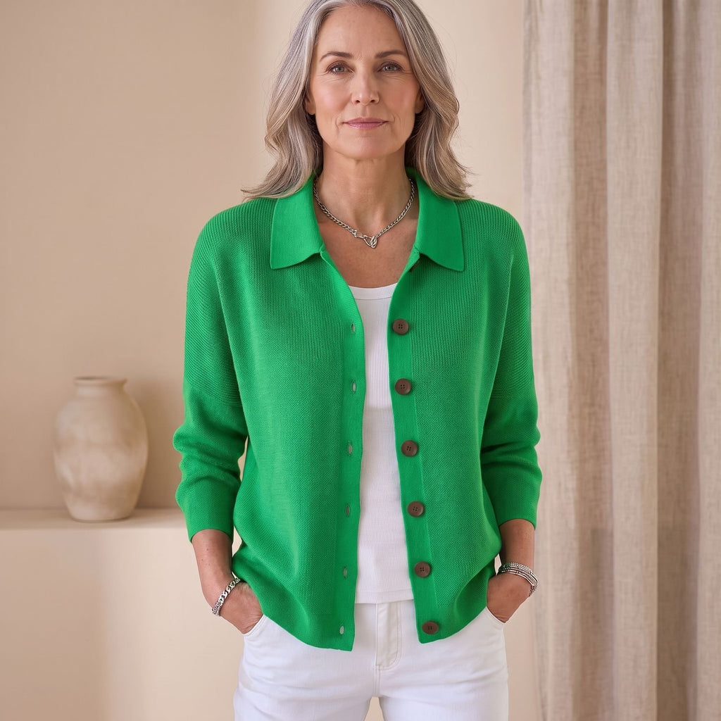 Women's Knit Button-Up Lapel Cardigan Sweater Relaxed Fit - Green