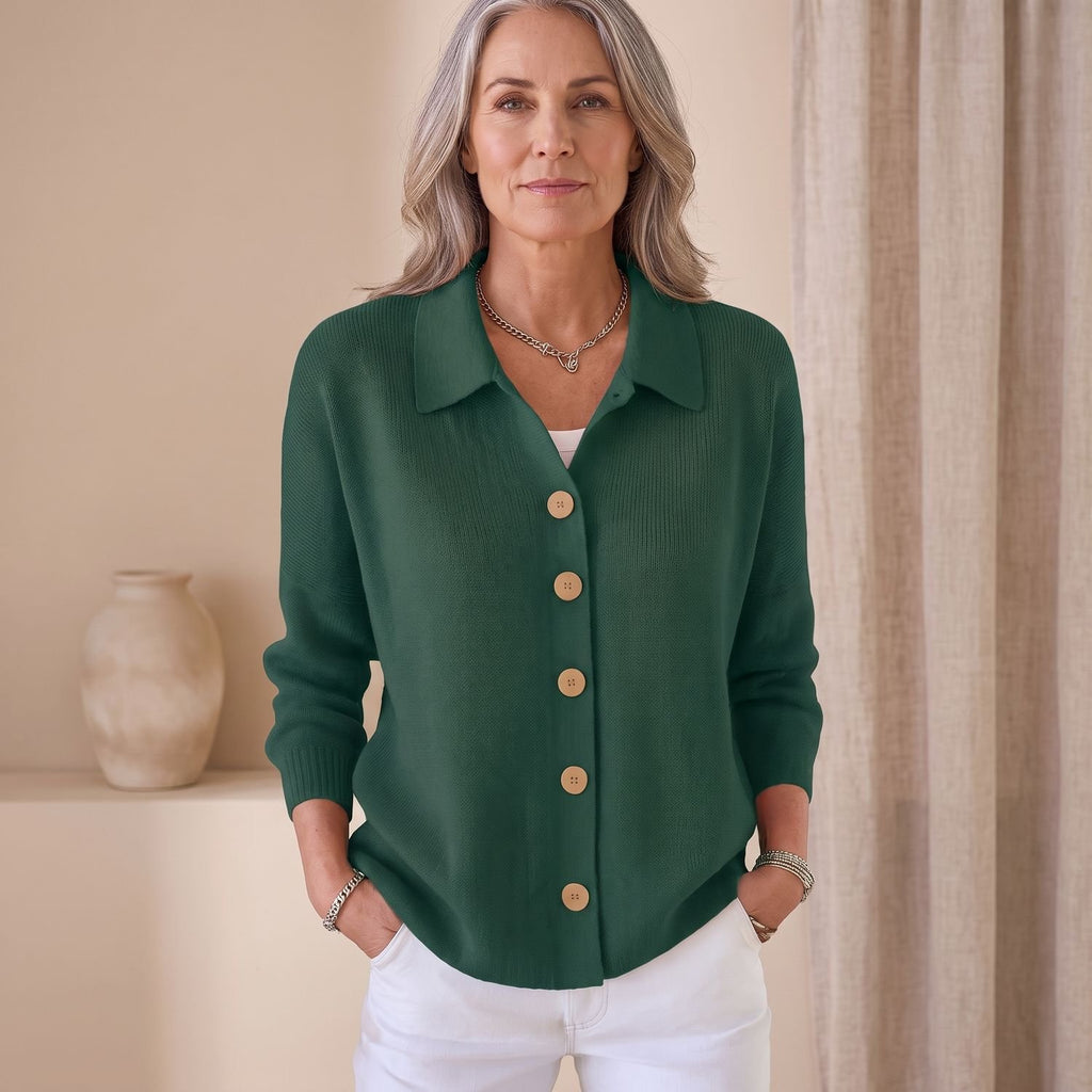 Women's Knit Button-Up Lapel Cardigan Sweater Relaxed Fit - Army Green