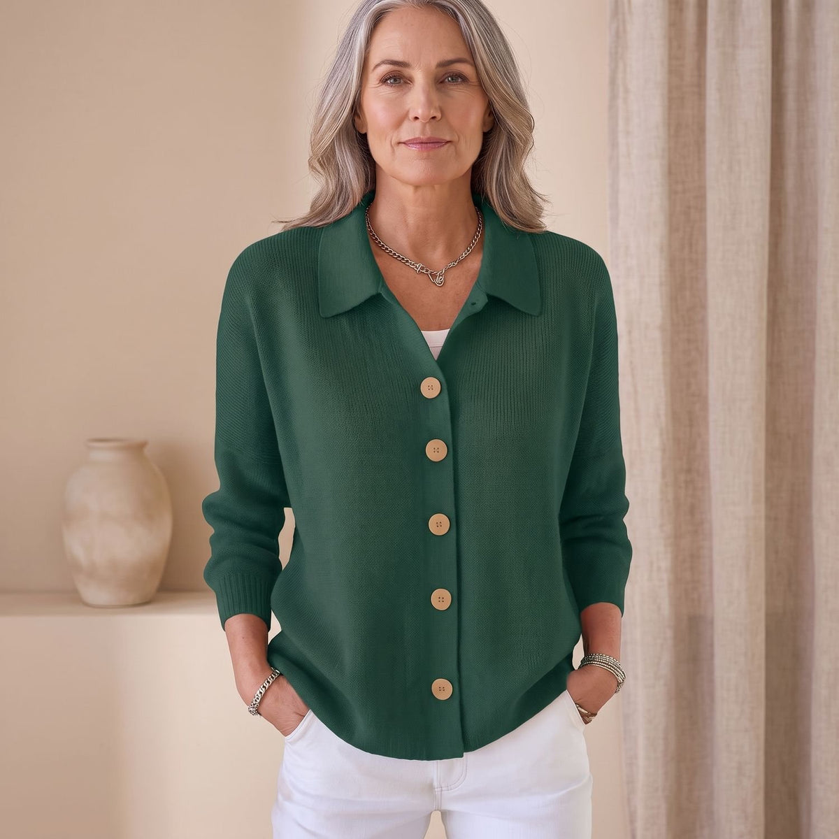 Women's Knit Button-Up Lapel Cardigan Sweater Relaxed Fit - Army Green