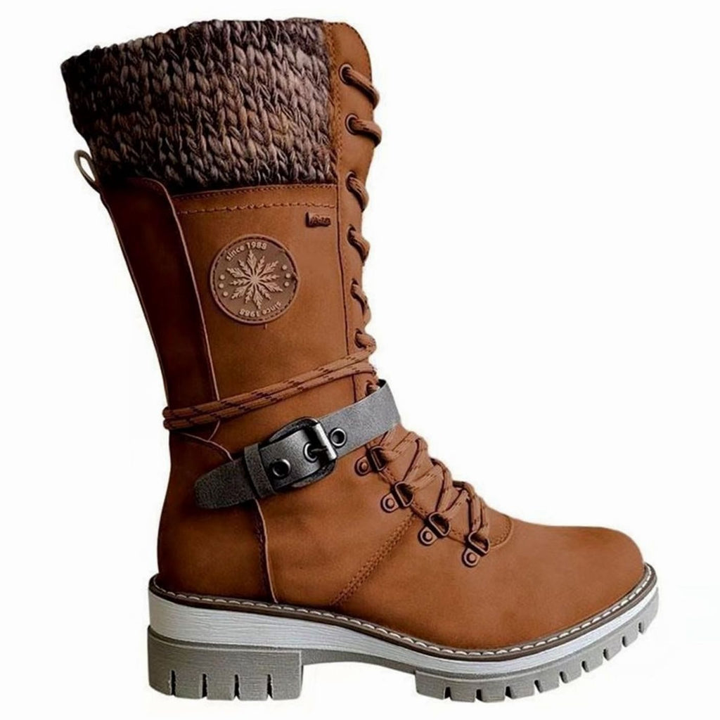 Women's Knit Cuff Lace-Up Side-Zip Winter Boots - Brown