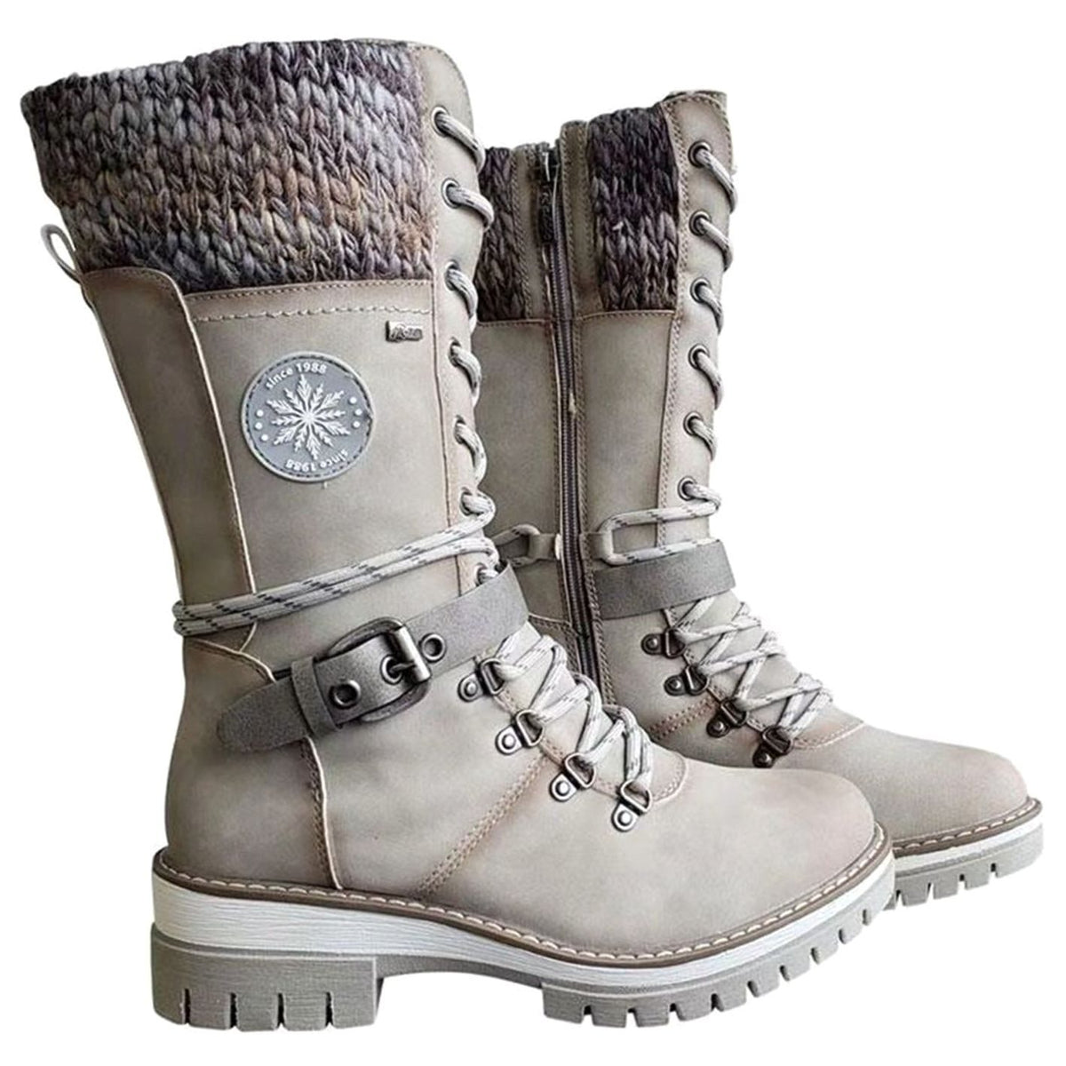 Women's Knit Cuff Lace-Up Side-Zip Winter Boots - White