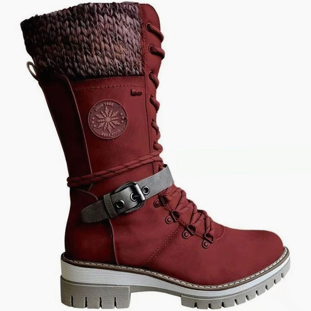 Women's Knit Cuff Lace-Up Side-Zip Winter Boots - Red