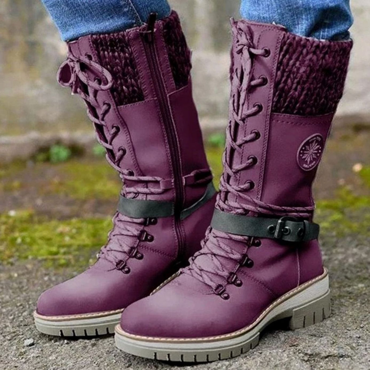 Women's Knit Cuff Lace-Up Side-Zip Winter Boots