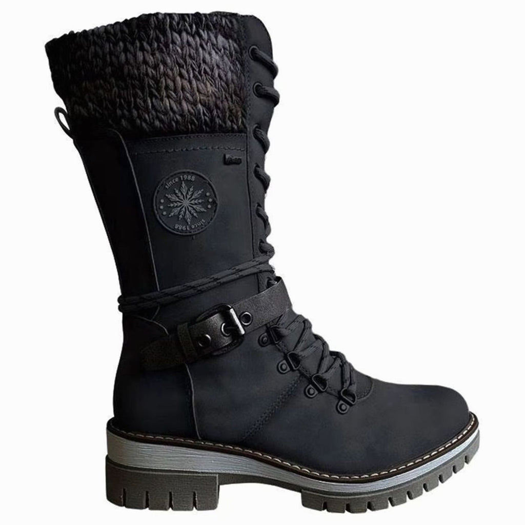 Women's Knit Cuff Lace-Up Side-Zip Winter Boots - Black