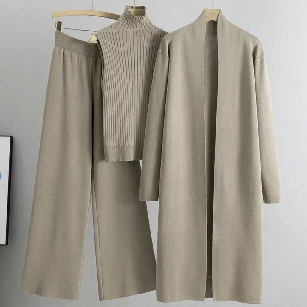 Women's Knit Three-Piece Cardigan Wide-Leg Pants Set - Light Beige