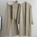 Women's Knit Three-Piece Cardigan Wide-Leg Pants Set - Light Beige