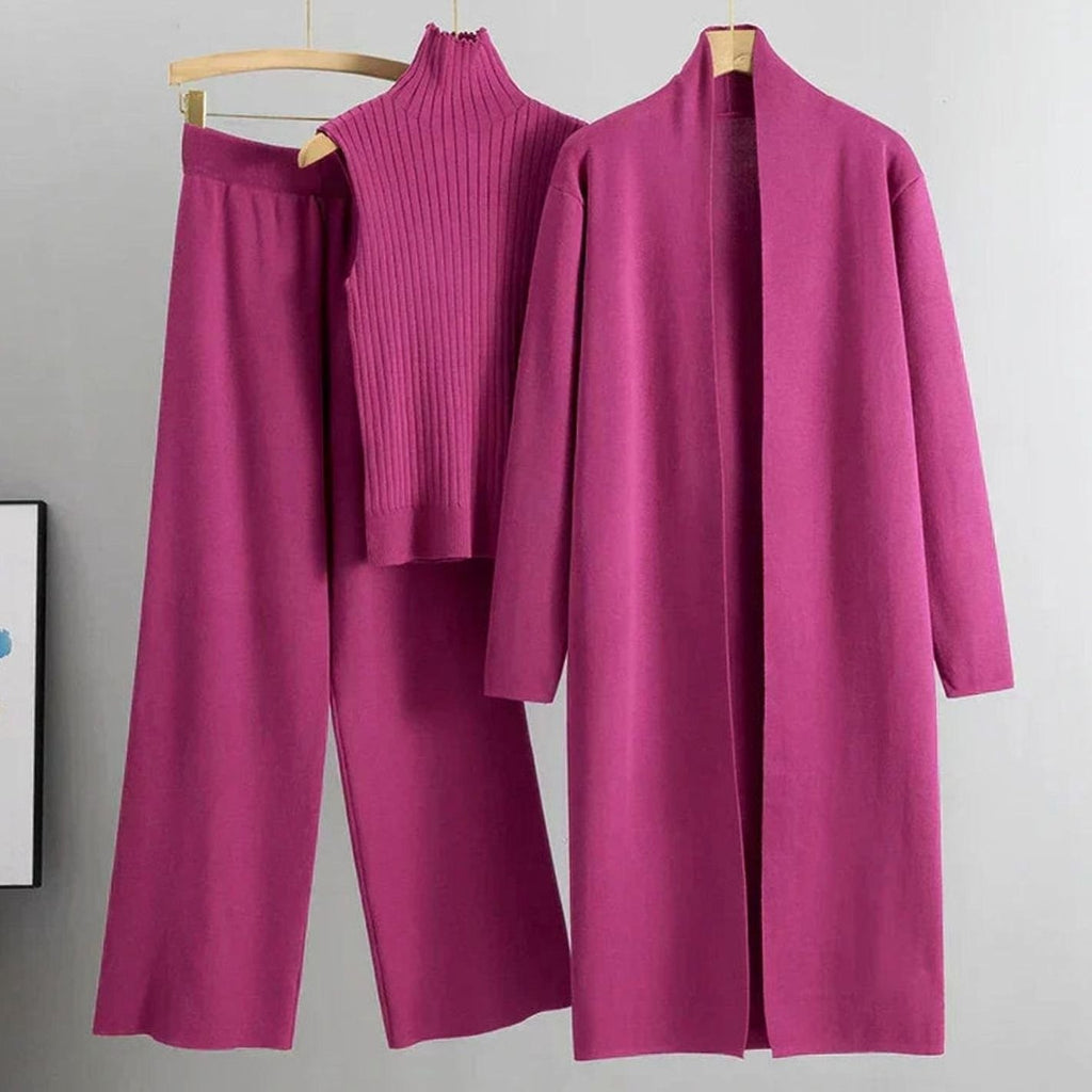 Women's Knit Three-Piece Cardigan Wide-Leg Pants Set - Pink