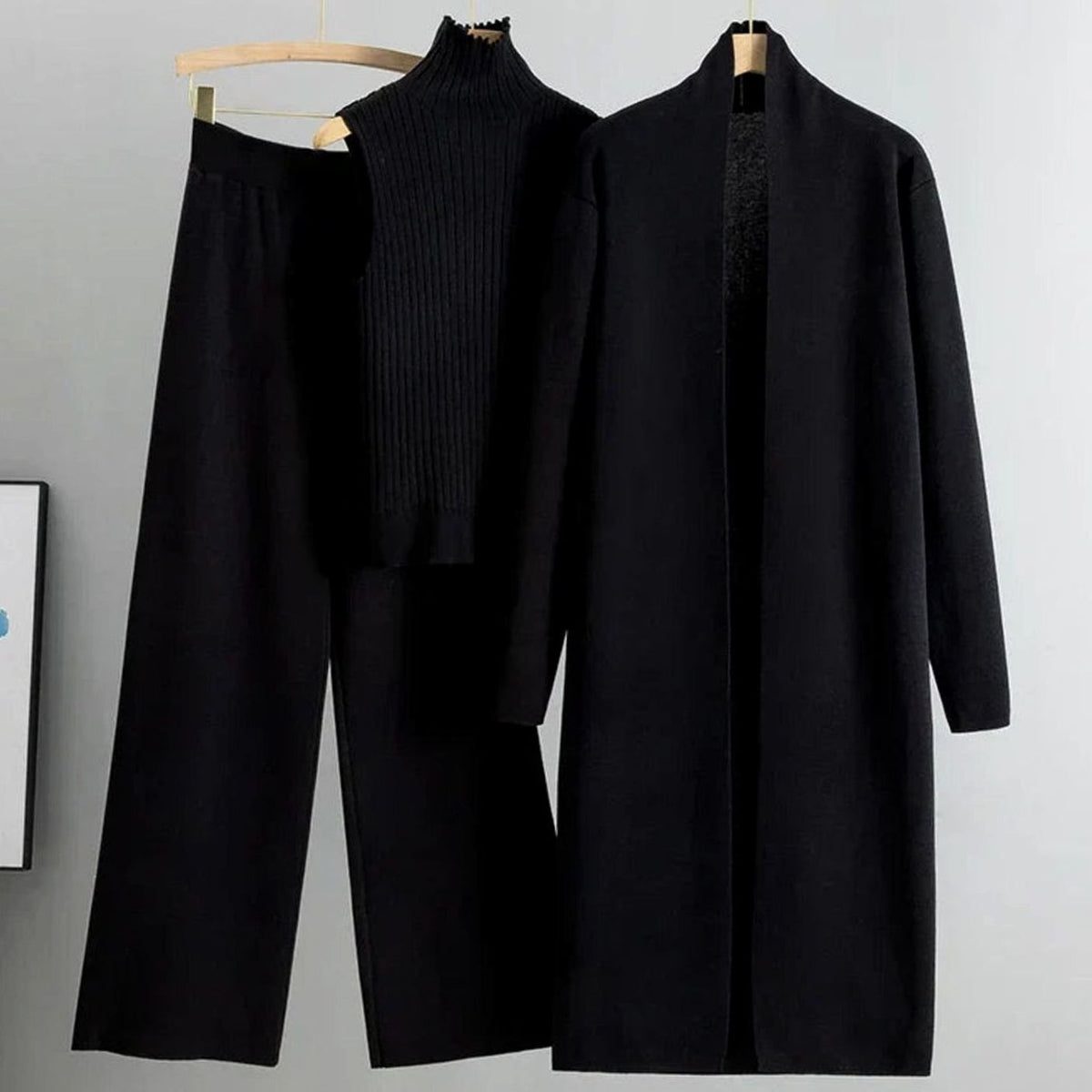 Women's Knit Three-Piece Cardigan Wide-Leg Pants Set - Black