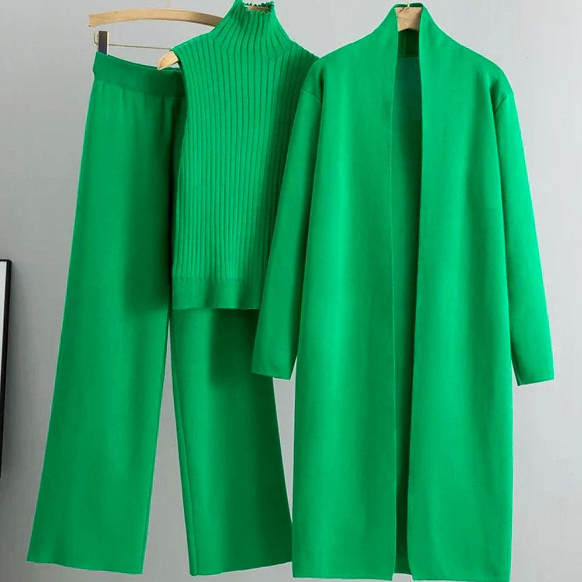 Women's Knit Three-Piece Cardigan Wide-Leg Pants Set - Green
