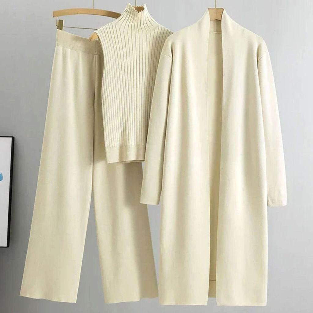 Women's Knit Three-Piece Cardigan Wide-Leg Pants Set - Beige