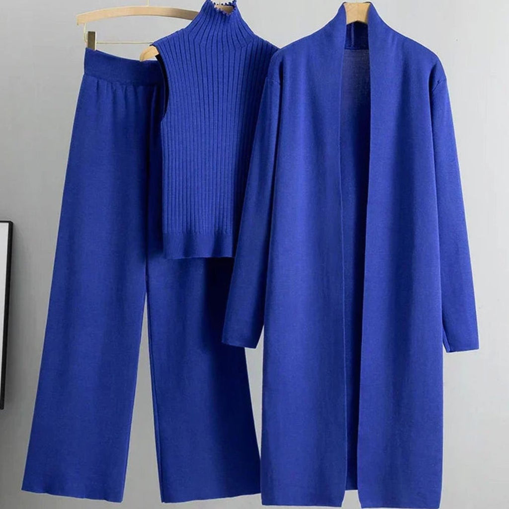 Women's Knit Three-Piece Cardigan Wide-Leg Pants Set - Blue