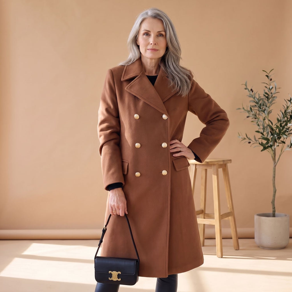 Women's Korean Wool Coat Double-Breasted Elegant Fit - Brown