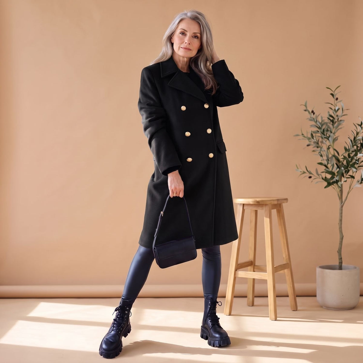 Women's Korean Wool Coat Double-Breasted Elegant Fit - Black