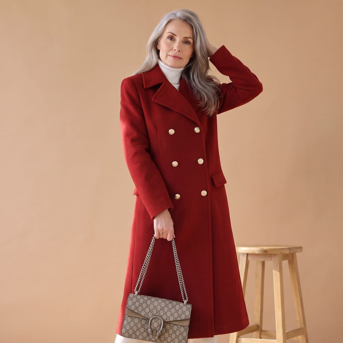 Women's Korean Wool Coat Double-Breasted Elegant Fit - Red