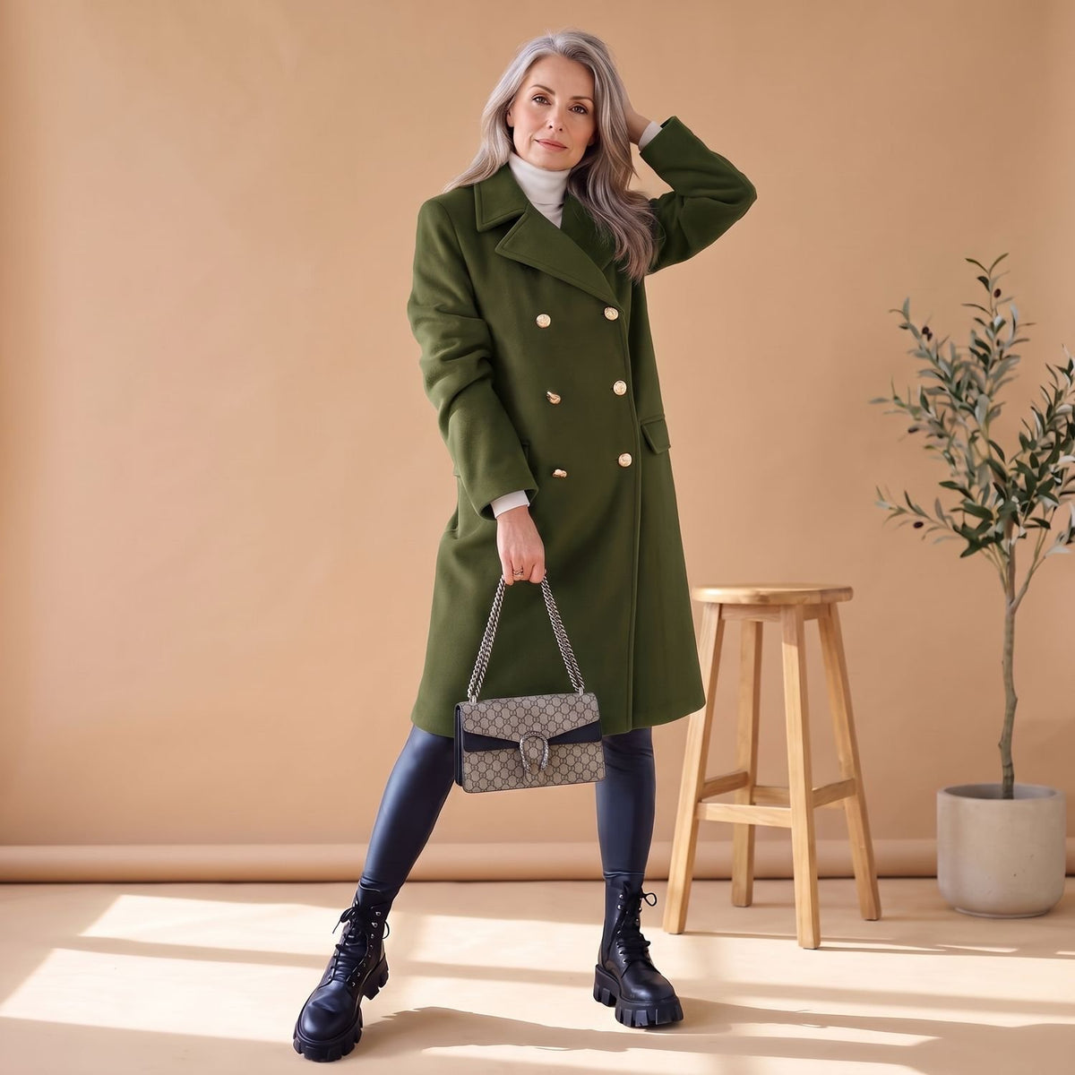 Women's Korean Wool Coat Double-Breasted Elegant Fit - Green
