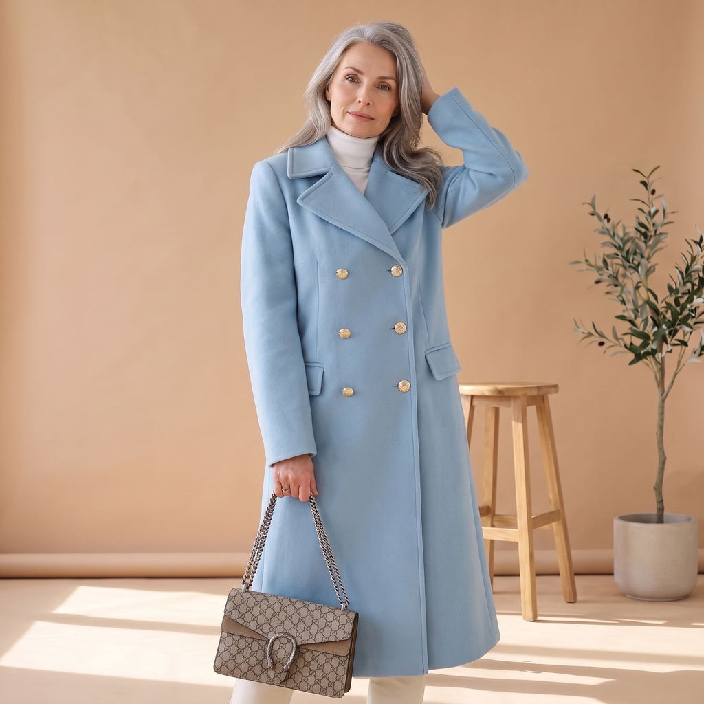 Women's Korean Wool Coat Double-Breasted Elegant Fit - Sky Blue